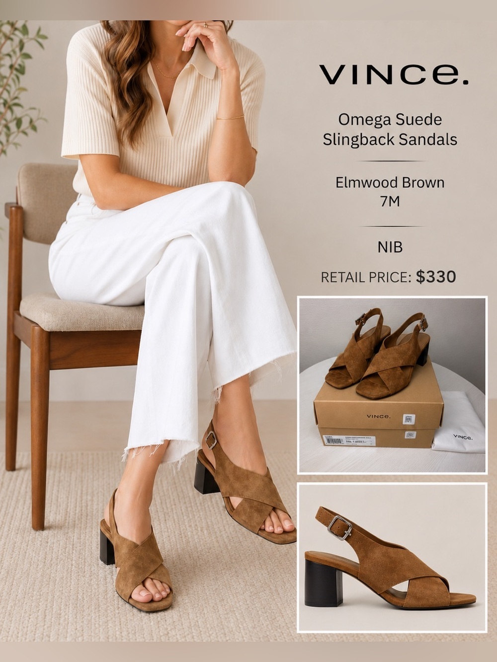 Vince Omega Suede Slingback Sandals Elmwood Brown 7M NIB/Store Display